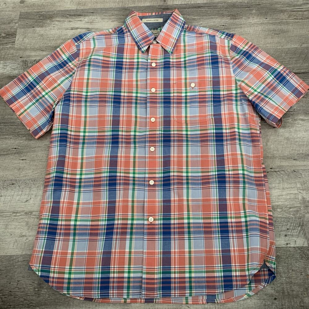 LL Bean Madras Shirt Mens Medium Pink Plaid Slightly Fitted Short Sleeve 288683